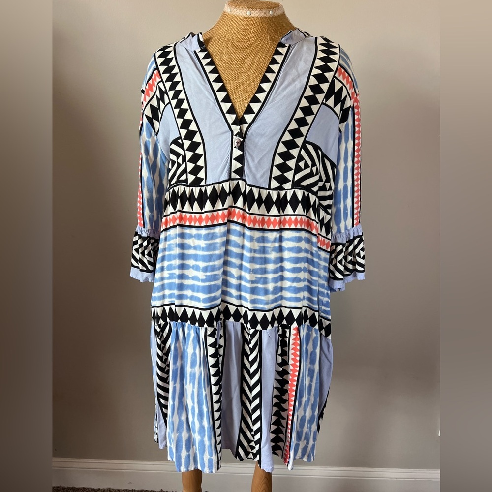 THML Blue Black White Coral Patterned Midi Dress